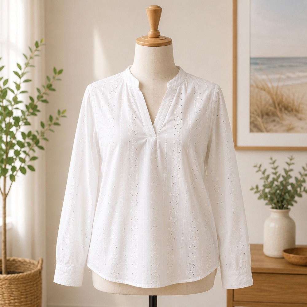 NWT Cupshe Eyelet Cover Up Top  XL White V-Neck Roll Tab Sleeve CAA04B4J014GG‎